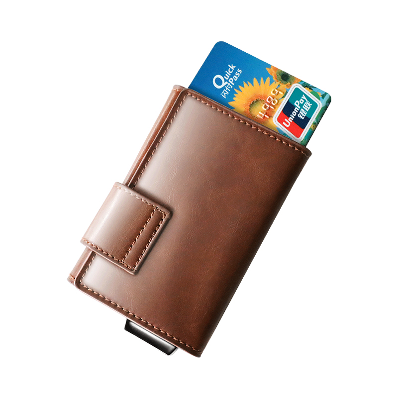 Pop Up PU Leather Metal Wallet RFID Blocking Customized Aluminium Credit Card Holder 