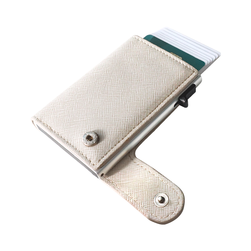 New Beige Color Pop Up Aluminum Case Credit Card Holder Rfid Blocking PU Leather Wallet